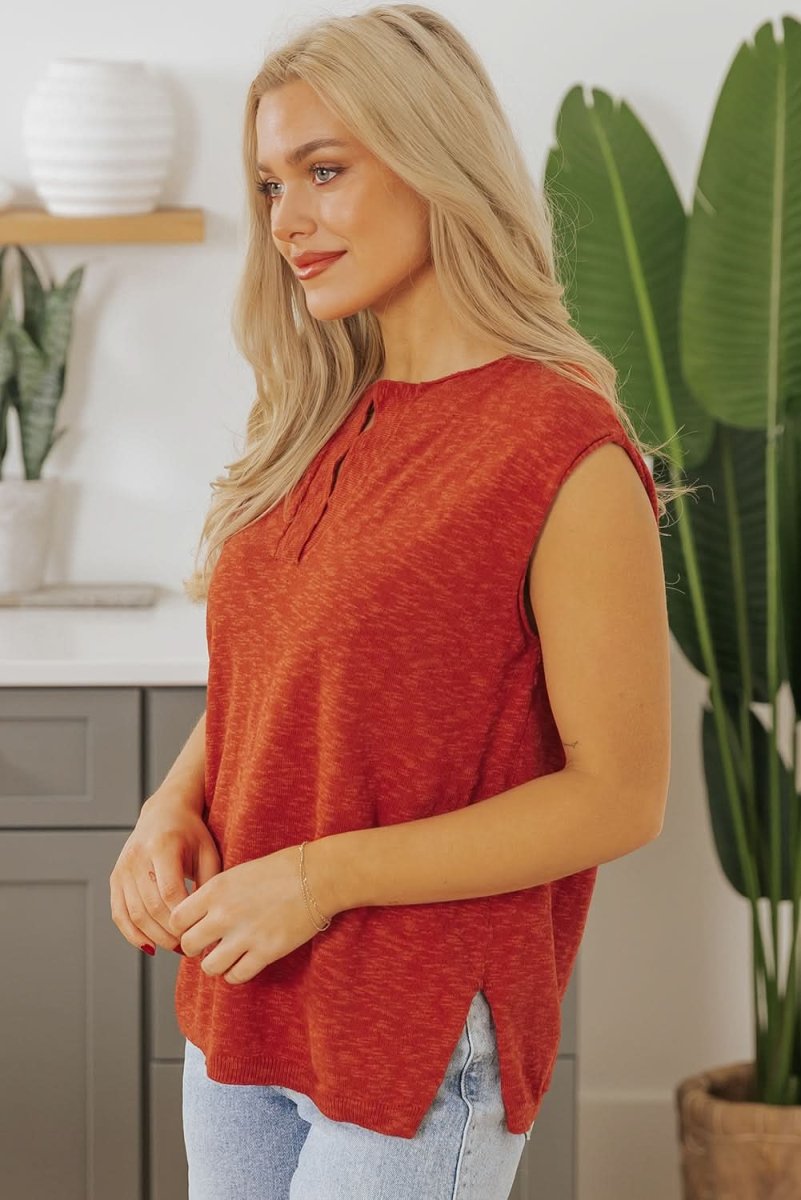 Chic Orange Split V-Neck Short Sleeve Knit Sweater - Love Salve